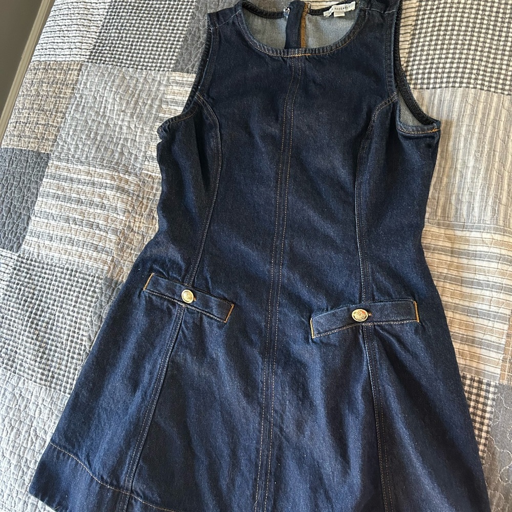 Denim Mini Dress with Button Pocket Detail - Dark Blue